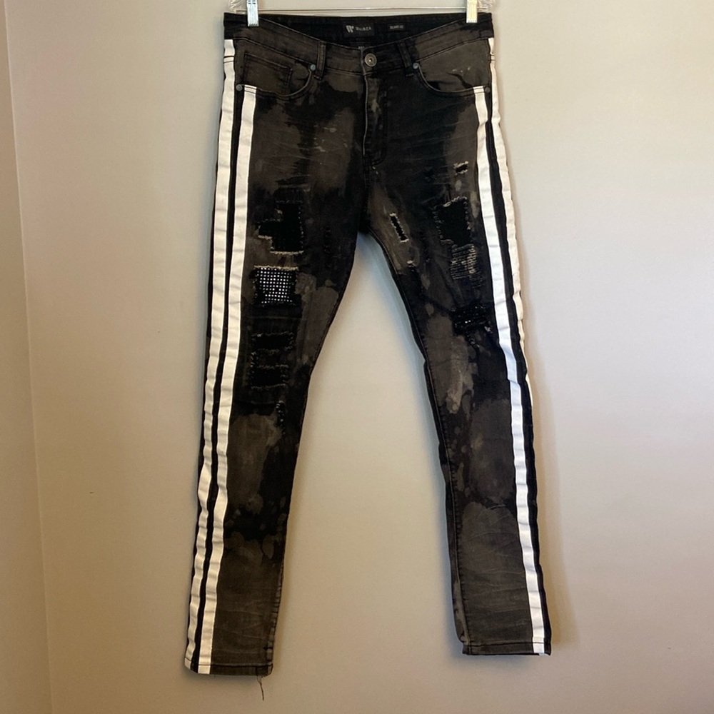 Waimea Skinny Fit Black Distressed Bejeweled Straight Stretch Stripe Jeans 32x32